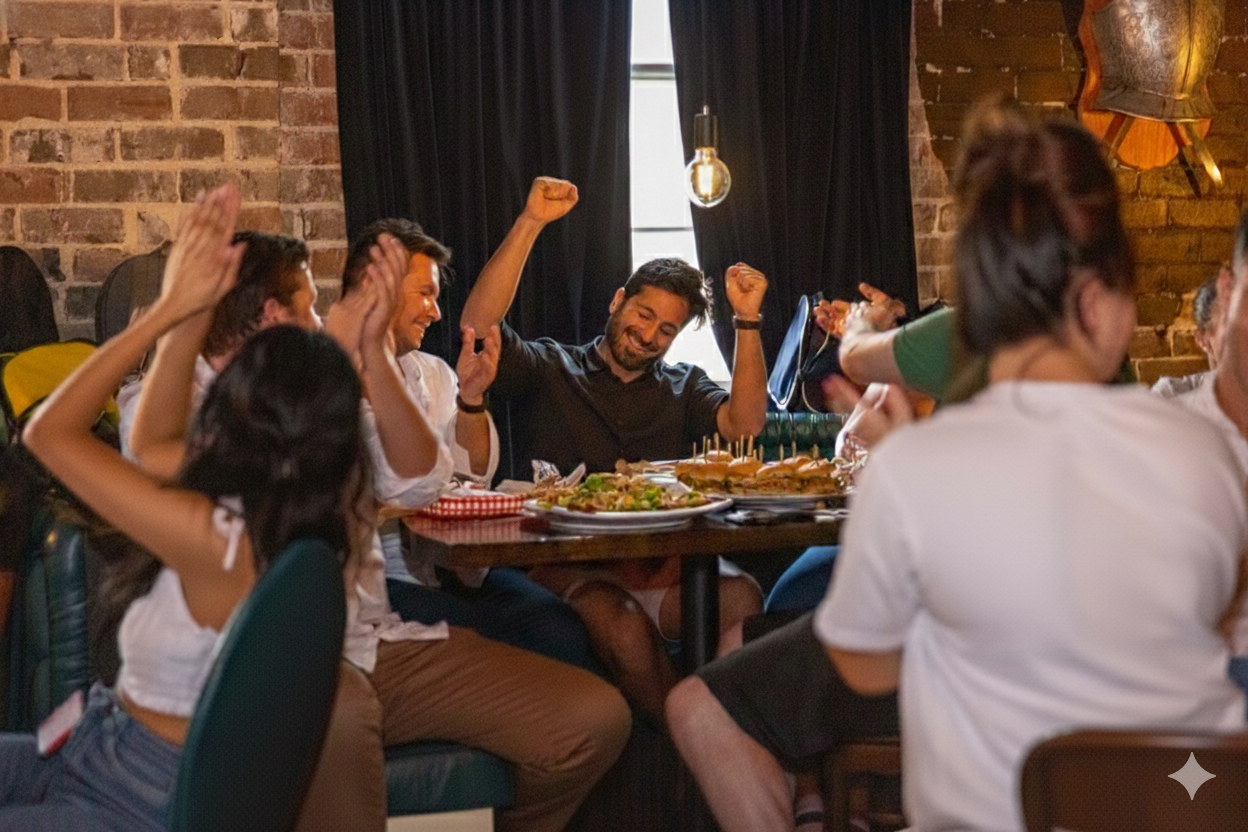 workmates sharing lunch and cheering a win together