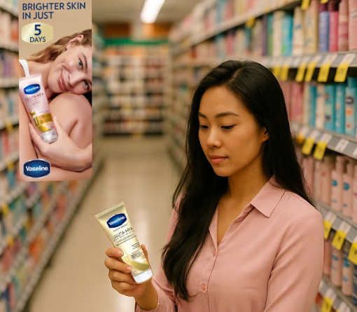 woman in store holding vaseline tube